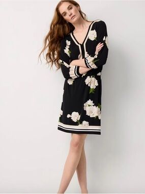 White House Black Market Black Floral V-Neck Dress with Cream Trim